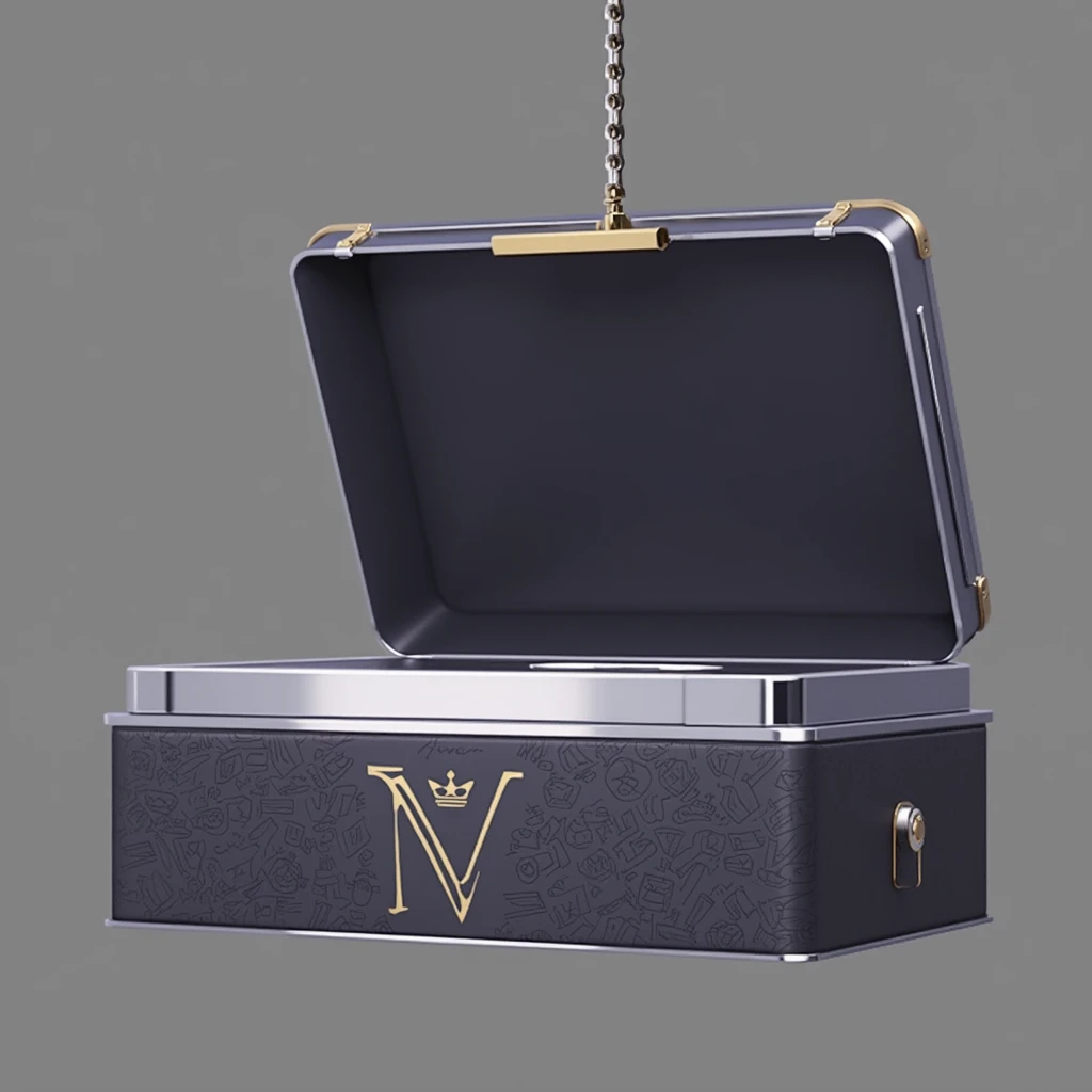 Luxury details,Black box half open,Metal brushed texture is faintly visible,Graffiti art embellishes the space,The central golden logo shines,Edge inlaid with exquisite metal,Showing nobility in a low-key manner。Elegantly dangling from a metal chain,Add a touch of uninhibited style。Side view angle。