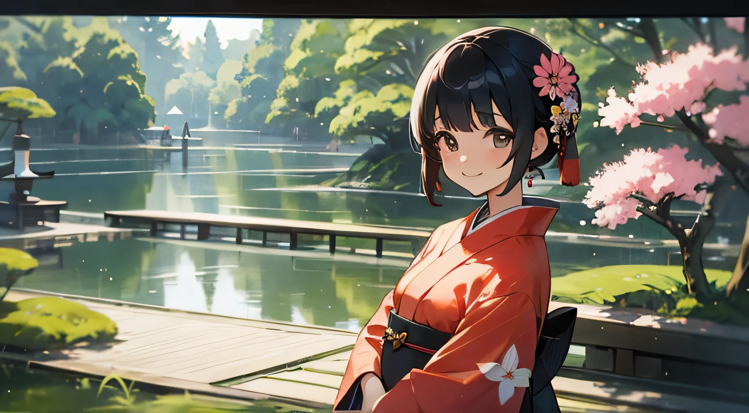 japanese garden,flowers,smile,kimono girl