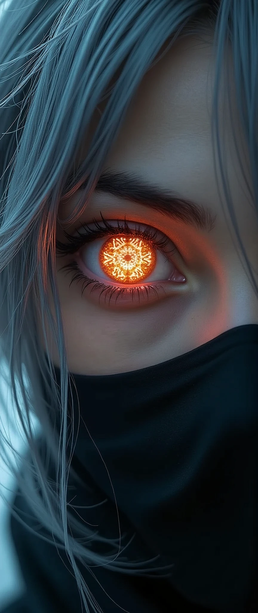 (masterpiece:1.2),(Highest quality),(Very detailed),(Ultra-high resolution),(Photorealistic),8k,wallpaper,(1 girl),(Face close-up:1.6,Draw both eyes:2.0),(front:1.6),(Beautiful Female Ninja),(look at me),(Beautiful Face,Beautiful Eyes,Perfect Eyes),(Beautiful glowing eye effects,A beautiful geometric pattern, like a kaleidoscope, is reflected in the woman's right eye.:2.0,Detailed drawing of the eyes:1.2),(Black Costume,Silver Hair),(The female ninja uses genjutsu.),(dynamic)