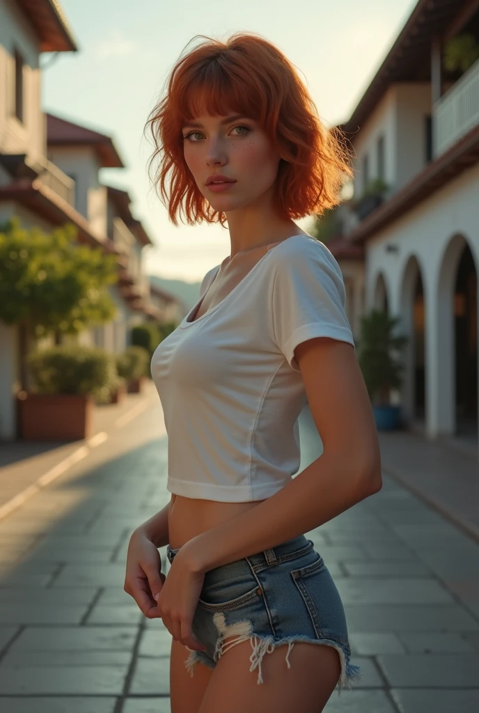 A young woman poses on a quiet street in a resort town. The girl has extremely detailed eyes, beautiful lips, long eyelashes and perfect anatomy. Her fragile body and hands are worked out to the smallest detail, with realistic, photorealistic and the highest quality rendering. The lighting is Rembrandt-esque, creating a dramatic, masterpiece scene. She has a European appearance, with a cute oval face, short red hair and huge breasts. The woman poses in a retro style, looking like a high quality work of photographer David Dubnitsky. Her pale skin shows pores and moles, and she is wearing a tight T-shirt and short shorts. She removes the short shorts and exposes her bare pussy. The scene was shot on a DSLR camera in 8K UHD resolution, with soft lighting and film grain.