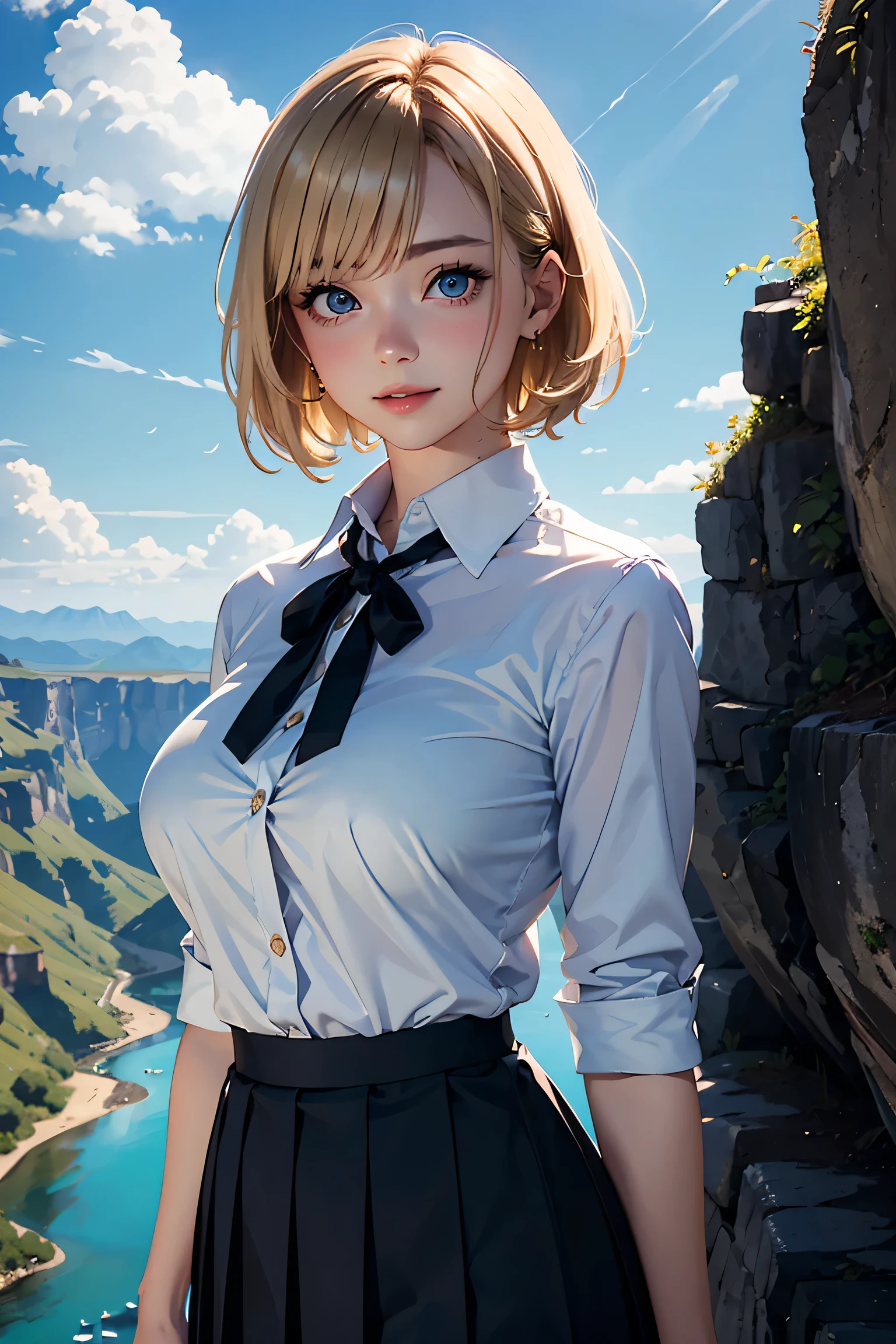 (masterpiece:1.2, Highest quality), (Realistic photos), Beautiful illustrations, (Natural side lighting, Cinema lighting),High detail、1 girl, Japanese、20-year-old female, Perfect Face, Symmetrical cute face, Glowing Skin, (Blonde、short hair), Dark blue eyes, (Huge breasts:1.2), Slender build, Flowing bangs、Beautiful Hair, Beautiful Face, Fine and beautiful eyes, Beautiful body, Beautiful breasts, (White collared shirt、Small black ribbon、Navy blue pleated skirt),smile、Blushing、stand、whole body、On a sheer cliff、White Bird、White cloud、canyon、river