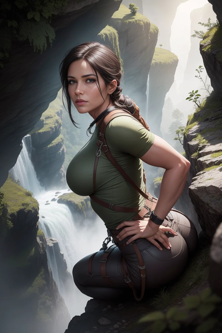 Create a picture of Lara Croft engaging in cliff walking and climbing in a breathtaking, rugged landscape. She is scaling a steep, rocky cliff with the aid of climbing gear, including ropes, harnesses, and carabiners. The cliff is part of a dramatic mountain range, with sheer drops and jagged peaks. Below her, a lush valley stretches out, filled with dense forests or perhaps a winding river. Lara is dressed in a grey t-shirt and dark jeans. The environment should include realistic rock textures and intricate details, with the sunlight casting dynamic shadows on the cliff face. The overall atmosphere should convey a sense of adventure, courage, and the thrill of conquering nature's obstacles. DLSR, sharp focus, soft lighting, masterpiece, photorealistic, 8k, masterpiece, perfect face, ultra detailed face, perfect brown eyes, beautiful face, close up face