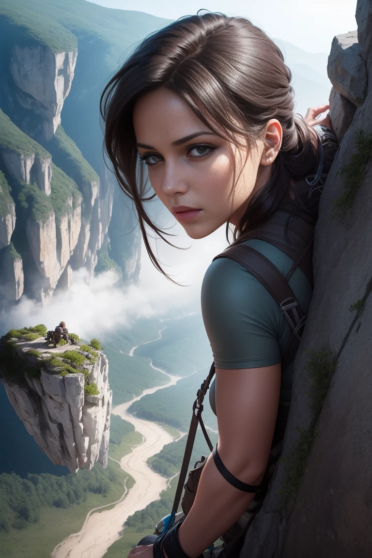 Create a picture of Lara Croft engaging in cliff walking and climbing in a breathtaking, rugged landscape. She is scaling a steep, rocky cliff with the aid of climbing gear, including ropes, harnesses, and carabiners. The cliff is part of a dramatic mountain range, with sheer drops and jagged peaks. Below her, a lush valley stretches out, filled with dense forests or perhaps a winding river. Lara is dressed in a grey t-shirt and dark jeans. The environment should include realistic rock textures and intricate details, with the sunlight casting dynamic shadows on the cliff face. The overall atmosphere should convey a sense of adventure, courage, and the thrill of conquering nature's obstacles. DLSR, sharp focus, soft lighting, masterpiece, photorealistic, 8k, masterpiece, perfect face, ultra detailed face, perfect brown eyes, beautiful face, close up face