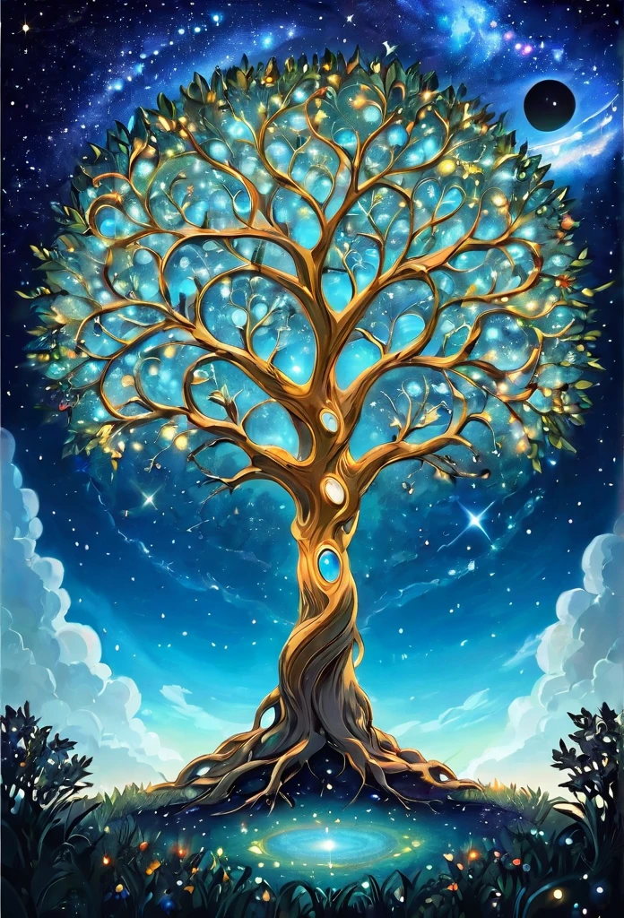 A beautiful view of space, galaxy and stars lying under a tree, it's very detailed and textured, Create a surreal illustration of the Tree of Life in the Universe, The tree should be in the middle of a multi-ethnic group of people., Surrounding the tree, The tree branches should feature various celestial objects such as planets, the moon, and stars, all radiating from a central light at the top of the tree. The background should include a starry night sky to add to the mystical atmosphere., Beautiful show, Spiritual evolution, World Creation, Catholic religious art, collective consciousness, Sacred and sacred, By Roman Bez Palkiv, By Johfra Bosschart, Religious paintings, Philosophical religious images, Spiritual illustrations of the Bible, For Anton Fadif, Rob McNaughton, Spiritual Awakening,