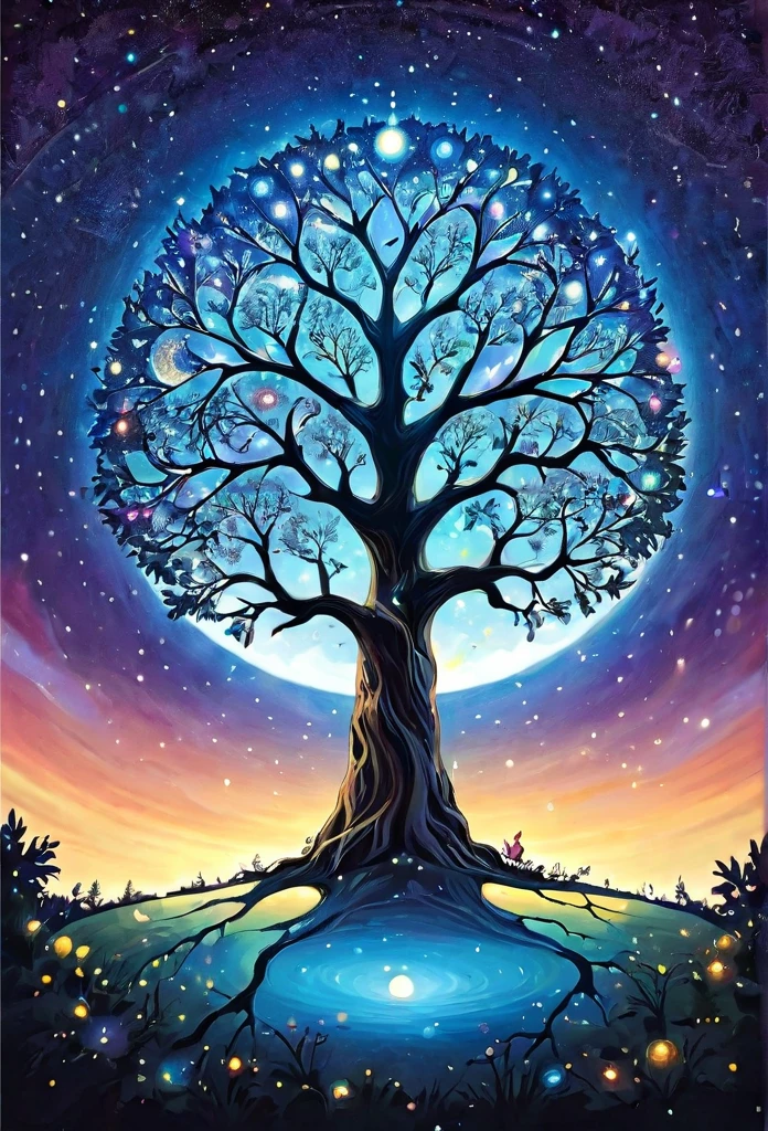 A beautiful view of space, galaxy and stars lying under a tree, it's very detailed and textured, Create a surreal illustration of the Tree of Life in the Universe, The tree should be in the middle of a multi-ethnic group of people., Surrounding the tree, The tree branches should feature various celestial objects such as planets, the moon, and stars, all radiating from a central light at the top of the tree. The background should include a starry night sky to add to the mystical atmosphere., Beautiful show, Spiritual evolution, World Creation, Catholic religious art, collective consciousness, Sacred and sacred, By Roman Bez Palkiv, By Johfra Bosschart, Religious paintings, Philosophical religious images, Spiritual illustrations of the Bible, For Anton Fadif, Rob McNaughton, Spiritual Awakening,