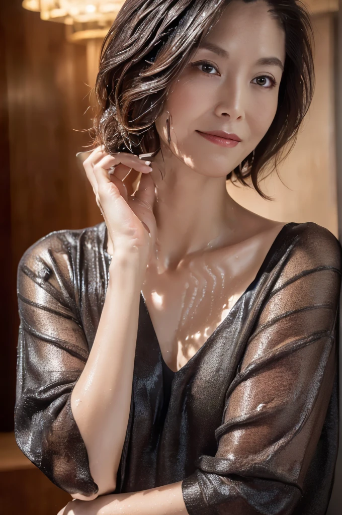 (Wet, Wet, Wet, Wet:1.4), Random Pause, Mix 4, (8k, Original photo, Highest quality, masterpiece: 1.45), (Actual, Genuine: 1.37), Skinny Japanese woman, One, Mature Woman, charm, City view, night, rain, (Wet Hair, Wet Face, Wet Skin, Wet clothes:1.4), Professional Lighting, Photon Mapping, Radio City, Physically Based Rendering, Gradient black hair, Short Curly Hair, good looking, Moderate tear, High resolution, 1080P, (Clear Face), (Detailed facial depiction), (Detailed description of the hand), (Exquisite CGI), Extreme light and shadow, Messy Hair, Lots of details, (Exquisite facial features), (Highest quality photos), (Beautiful Eyes), Look in front of you, Thin clavicle,