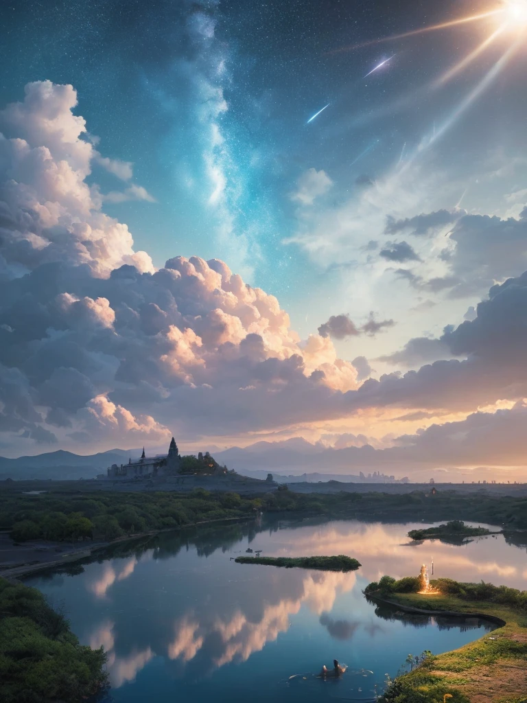 (8k, highest quality, masterpiece, final fantasy style: 1.2), (unRealistic, photoRealistic: 1.37), Dreamy landscape, Fantasy, Unsurreal landscapes, Super detailed, Flying Castle, Floating Island in the Sky, Seven-colored swirl of light, Intense lightning, milky way, Complex Light, Colored light, Large Lake, Starry sky reflected on the lake surface, Countless shining stars, Meteors, Reflections , (A pillar of light emanated from the ground:1,2), roses and orchids gardens , sunset, pink clouds, waterfalls in the sky, realistic style, Hyperrealism drawing, a flying pirate spaceship floating at the clouds level, burning skyscrapers, cyborgs, timeless realms, stunning princess , floating hair, pink lipstick, cute, naked shoulders , casting spell, healing light magic effect, in a magical lagoon of the fairyland, crystal clear water surface reflections, sharp focus, looking at viewer, (close-up:0.9), (bright white theme:1.2), (bright white tone:1.2), (deep blue tone:1.3), realistic, Hyperrealism,