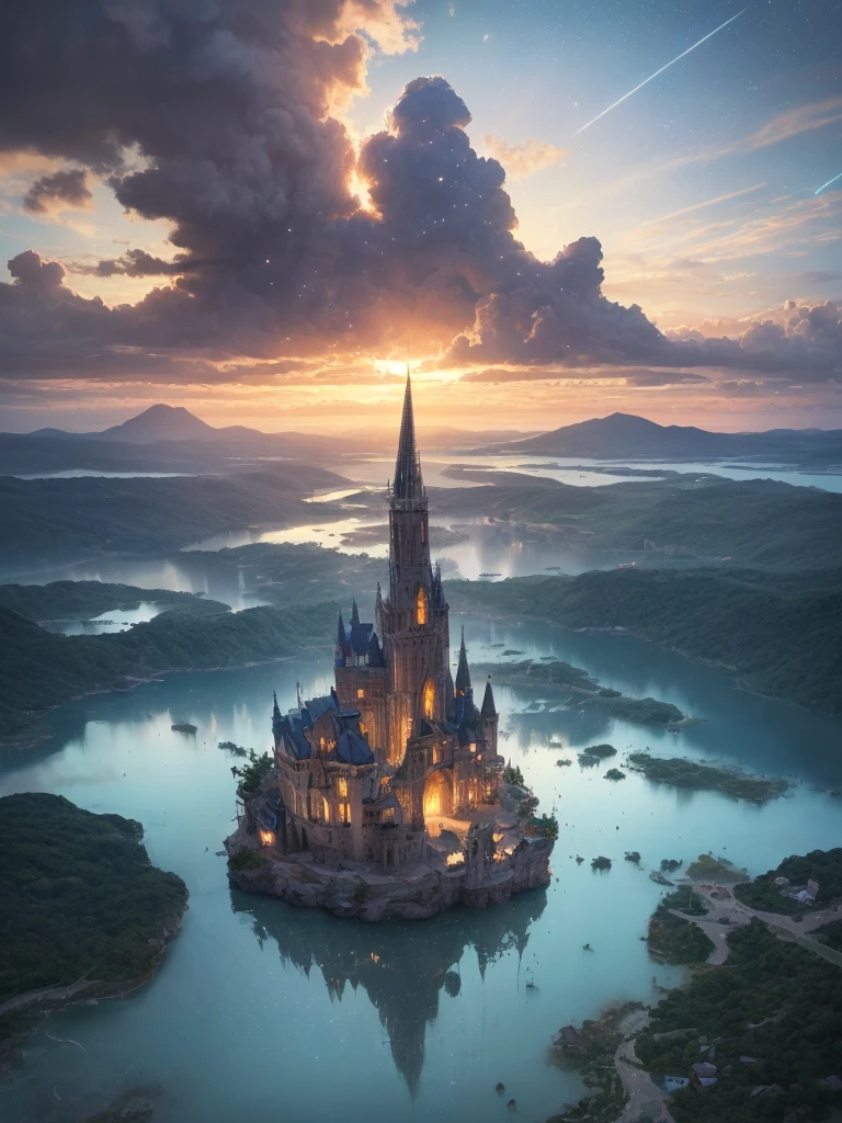 (8k, highest quality, masterpiece, final fantasy style: 1.2), (unRealistic, photoRealistic: 1.37), Dreamy landscape, Fantasy, Unsurreal landscapes, Super detailed, Flying Castle, Floating Island in the Sky, Seven-colored swirl of light, Intense lightning, milky way, Complex Light, Colored light, Large Lake, Starry sky reflected on the lake surface, Countless shining stars, Meteors, Reflections , (A pillar of light emanated from the ground:1,2), roses and orchids gardens , sunset, pink clouds, waterfalls in the sky, realistic style, Hyperrealism drawing, a flying pirate spaceship floating at the clouds level, burning skyscrapers, cyborgs, timeless realms, stunning princess , floating hair, pink lipstick, cute, naked shoulders , casting spell, healing light magic effect, in a magical lagoon of the fairyland, crystal clear water surface reflections, sharp focus, looking at viewer, (close-up:0.9), (bright white theme:1.2), (bright white tone:1.2), (deep blue tone:1.3), realistic, Hyperrealism,