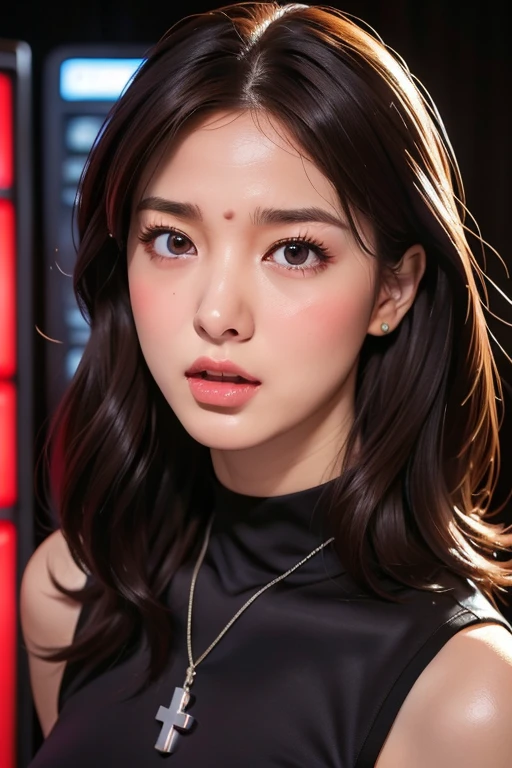 realisticlying,extremely detailed CG、high resolution、absurderes:1.8、detailed background:1.3、beautiful detailed hair、、、, attire: Black Bodycon、jacker, Red jacket,、middlebreast、 short black tight dress, (((brown-eyed、control room))), Purple hair, Medium Hair, cross necklace, slim waist、、NERV、Perfectly detailed face, (embarrassed、blush:1.3)、(ecstasy:1.4) ,(slut:1.3)