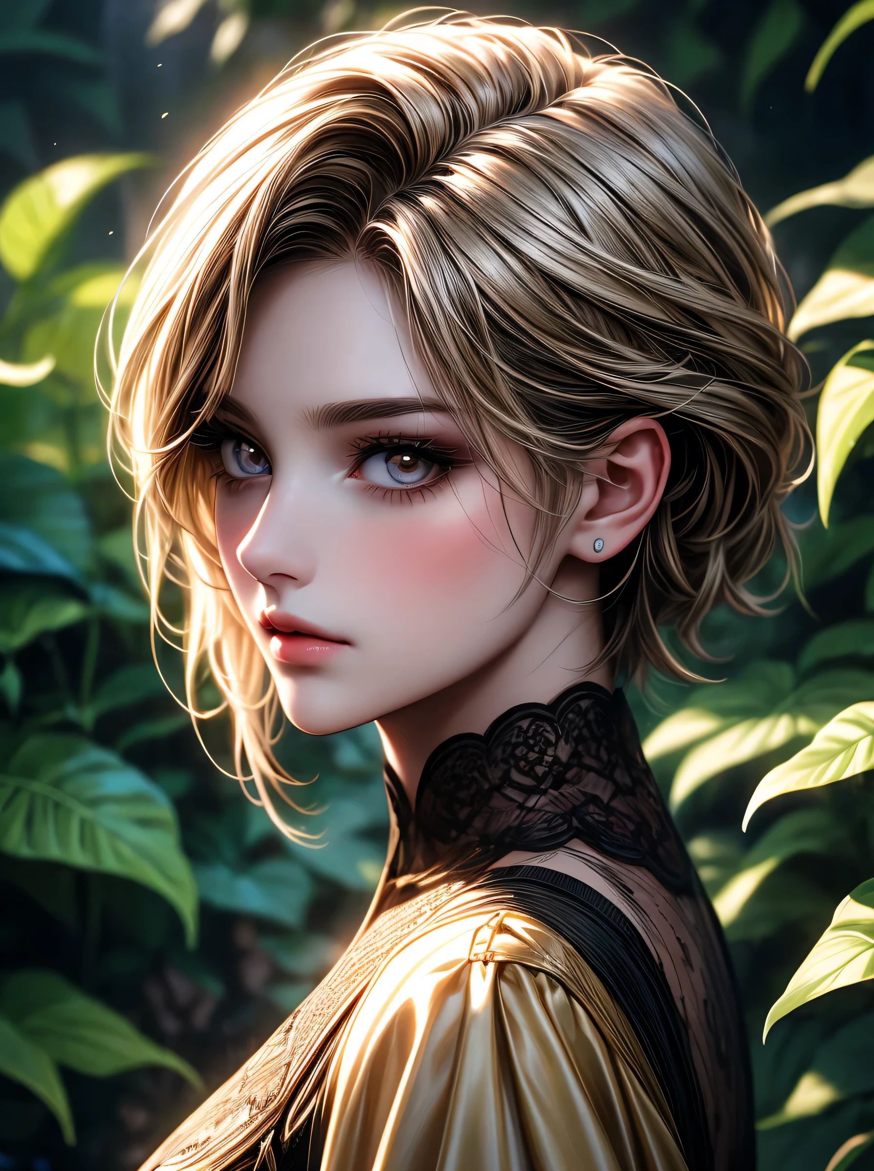 A girl in a garden,beautiful detailed golden eyes,beautiful detailed lips, short hair, styled hair, extremely detailed eyes and face,longeyelashes,illustration,ultra-detailed,best quality,4k,8k,highres,masterpiece:1.2,ultra-fine painting,sharp focus,professional,vivid colors,portraits