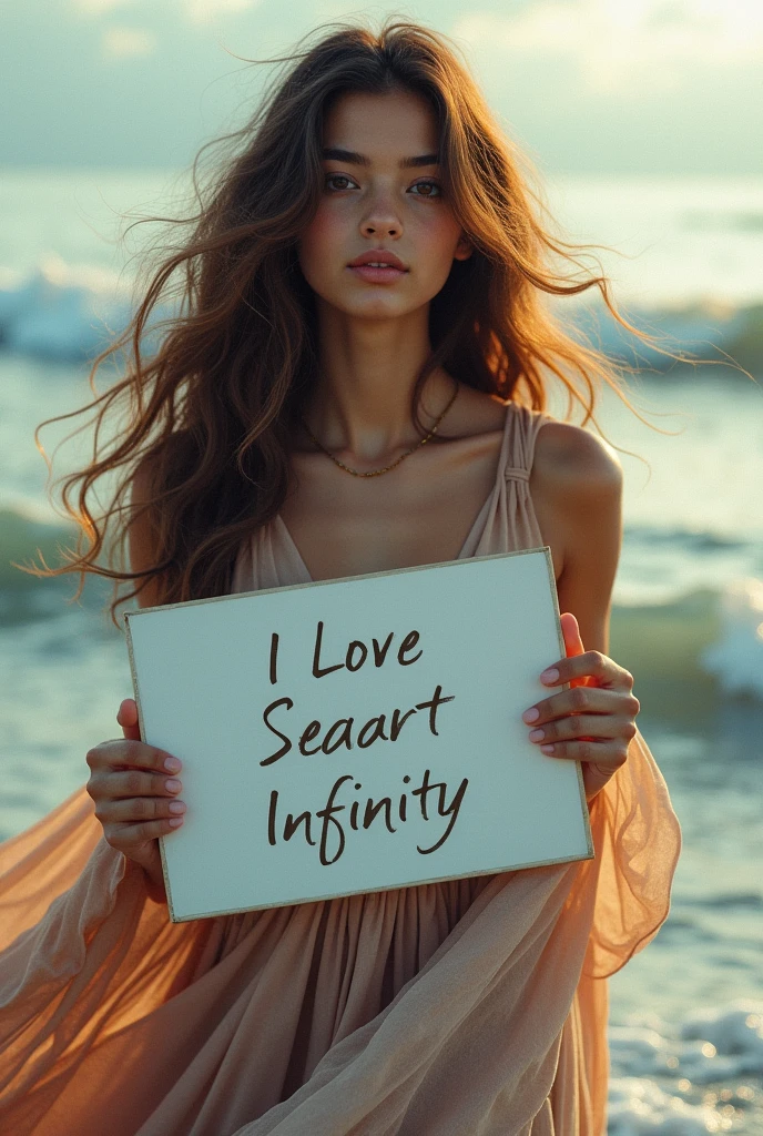 Beautiful girl with wavy long hair, bohemian dress, holding a white board with text "I Love Seaart Infinity" and showing it to the viewer