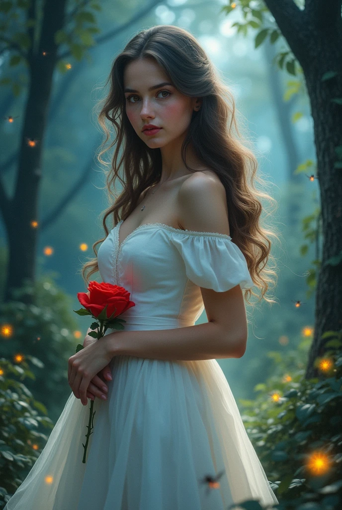 Beautiful girl with wavy long hair, fair complex , beautiful brown and small eyes, a white long princess dress with sweetheart neck , holding a red rose in hand , standings in a beautiful forest at night with little light insects