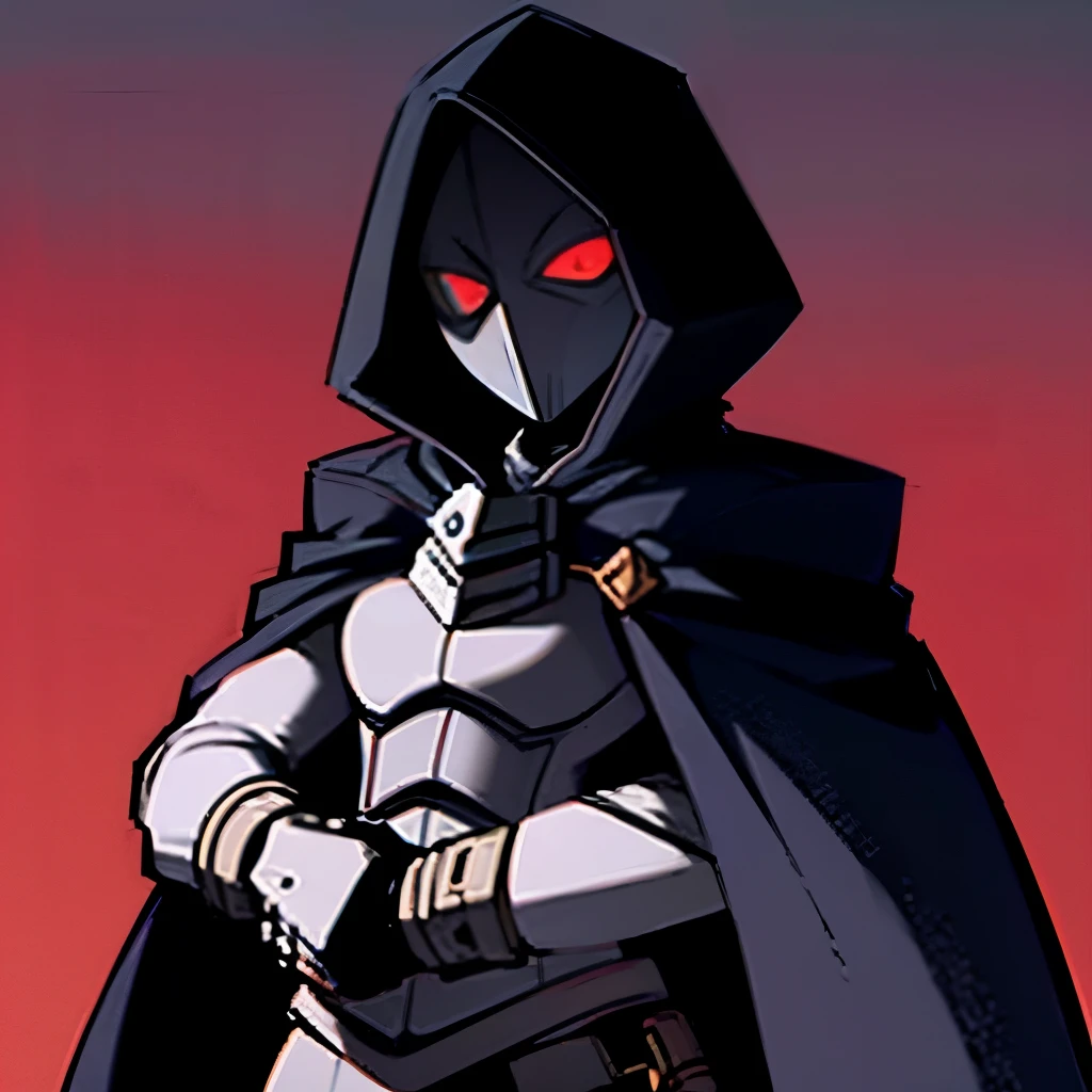 1 female, anti-hero, faceless mask, cold palette of dreasing, cape and hoodie, guns, red eyes.
