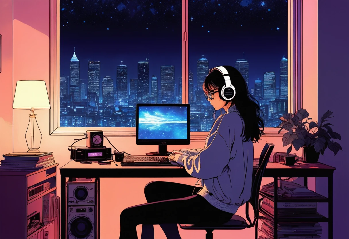XXMix,Silhouette of frightened woman hiding in a 1980's radio station, neon light, in the style of coloring book comic, full body, raw hand drawn style, (from behind), Anime girl sitting in front of a computer in a cozy bedroom, Girl listening to music while studying in a cozy room (night), round glasses, Using headphones, on the roof, (beautiful night views from windows), lots of things, 2D anime style, The aesthetics of anime in the 90s, lo-fi, long hair, very detailed, hard disk, A mix of anime style and Fujifilm, surreal, 8k, masterpiece, violet eyes,black gloves, round glasses, long sleeves,violet hair, Flat Chest, smile, pantyhose