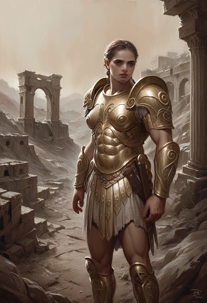 a highly detailed greek spartan warrior girl, extremely detailed muscular male figure, intricate armor, detailed facial features, piercing eyes, dramatic lighting, epic landscape, ancient ruins, dramatic pose, cinematic composition, muted color palette, oil painting, digital painting, hyper realistic, 8k, award winning artwork, masterpiece