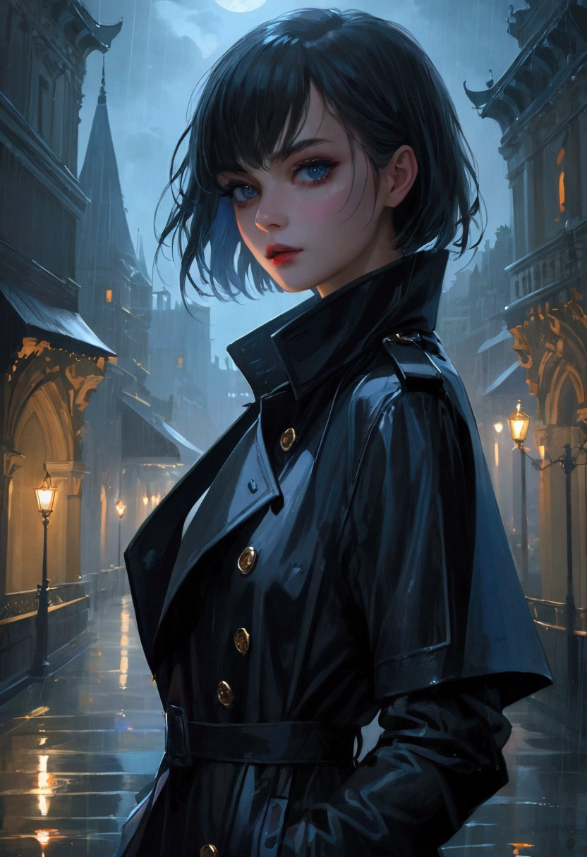 masterpiece, Top quality, illustration, {Beautiful details girl}, Beautiful light shines in the details, (Black jacket and trench coat), Fangs, vampire, Indigo eyes, rain, Detailed lighting, detailedwater, (Beautiful and delicate eyes: 1.1), palace, (short hair), Long bangs, Hair between the eyes, the top half,