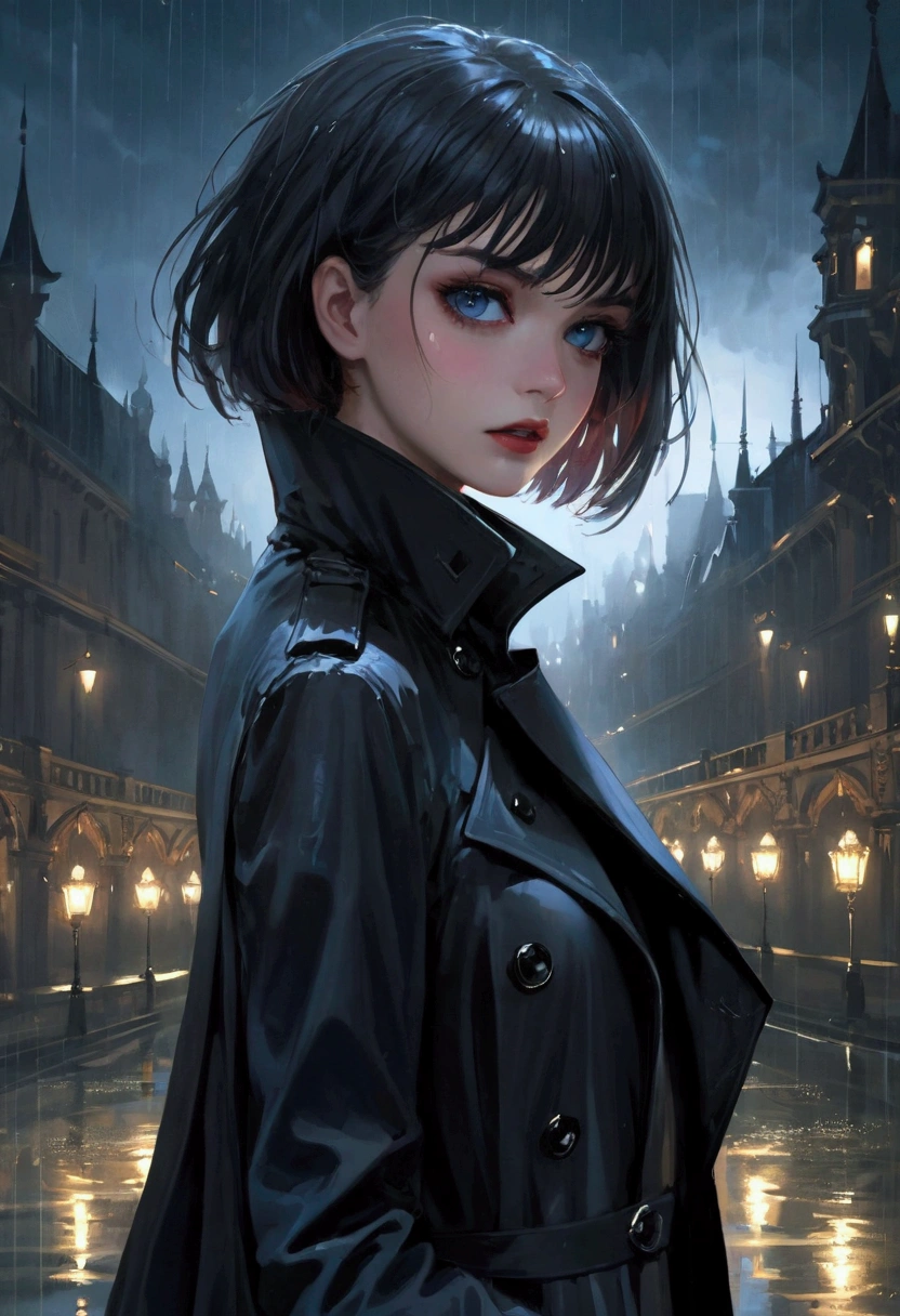 masterpiece, Top quality, illustration, {Beautiful details girl}, Beautiful light shines in the details, (Black jacket and trench coat), Fangs, vampire, Indigo eyes,  rain, Detailed lighting, detailedwater, (Beautiful and delicate eyes: 1.1), palace, (short hair), Long bangs, Hair between the eyes, the top half,
