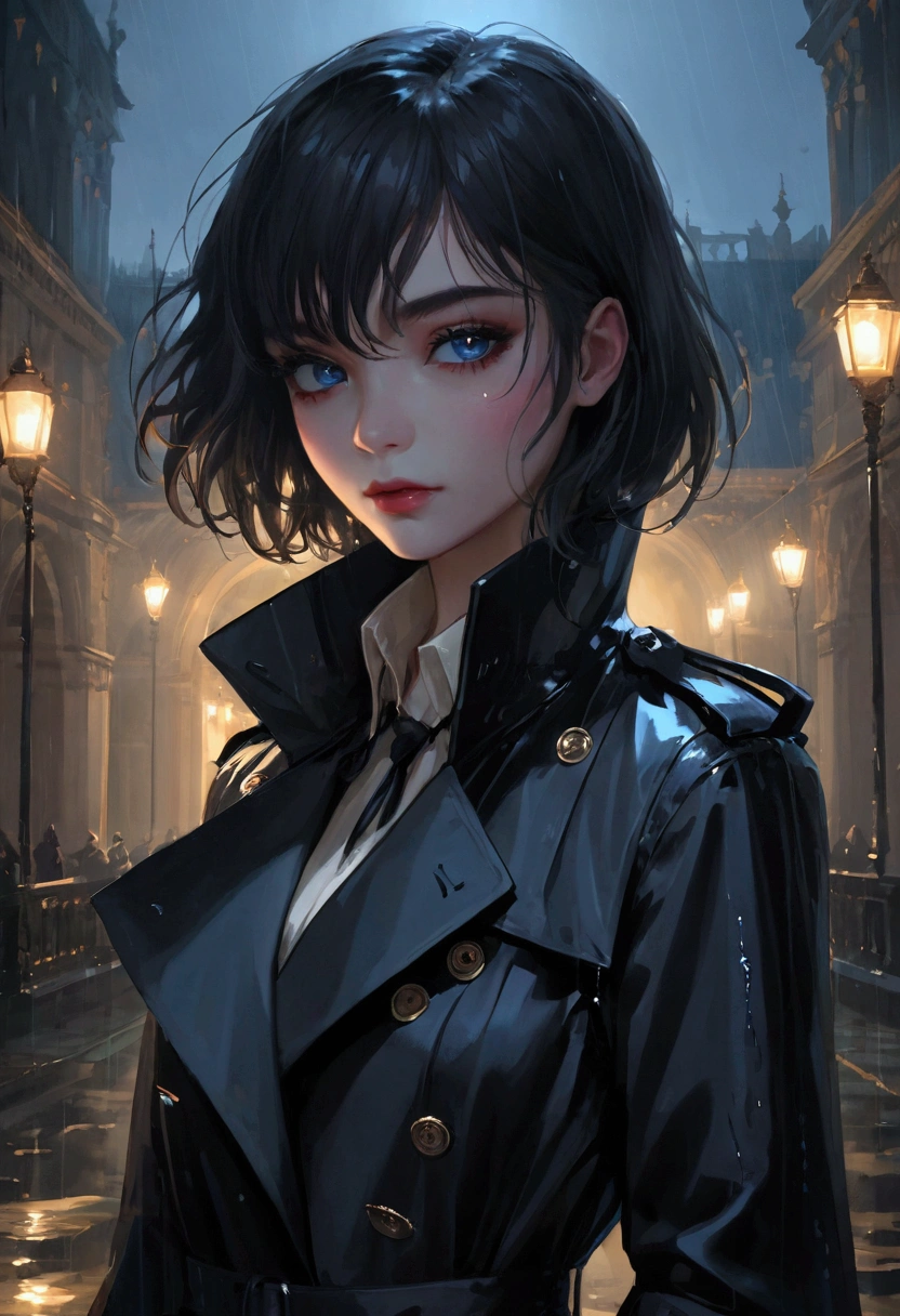 masterpiece, Top quality, illustration, {Beautiful details girl}, Beautiful light shines in the details, (Black jacket and trench coat), Fangs, vampire, Indigo eyes,  rain, Detailed lighting, detailedwater, (Beautiful and delicate eyes: 1.1), palace, (short hair), Long bangs, Hair between the eyes, the top half,