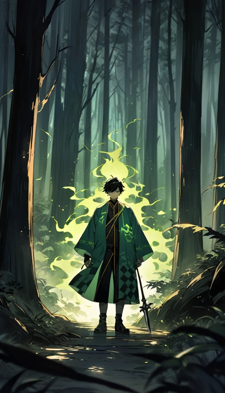 Tanjiro Kamado standing in a dense, misty forest, his nichirin blade glowing faintly with a fiery hue. He is dressed in his iconic green and black checkered haori, with his serious, determined eyes reflecting the burden of his mission. The scene is illuminated by soft moonlight filtering through the trees, casting eerie shadows around him. The atmosphere is tense, with the distant growl of a demon echoing in the background, and the forest bathed in a dark, mystical aura. The setting captures a mix of serenity and danger, highlighting Tanjiro's resolve and courage."