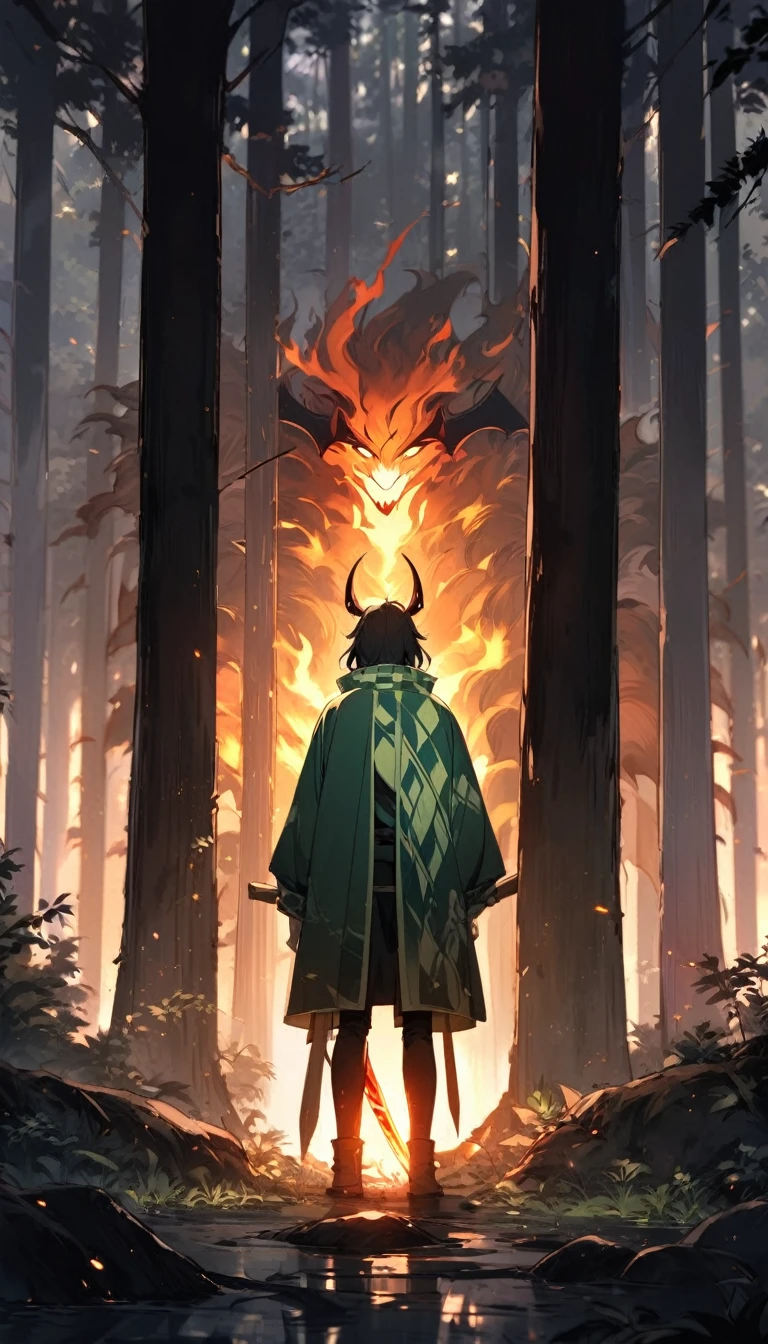 Tanjiro Kamado standing in a dense, misty forest, his nichirin blade glowing faintly with a fiery hue. He is dressed in his iconic green and black checkered haori, with his serious, determined eyes reflecting the burden of his mission. The scene is illuminated by soft moonlight filtering through the trees, casting eerie shadows around him. The atmosphere is tense, with the distant growl of a demon echoing in the background, and the forest bathed in a dark, mystical aura. The setting captures a mix of serenity and danger, highlighting Tanjiro's resolve and courage."