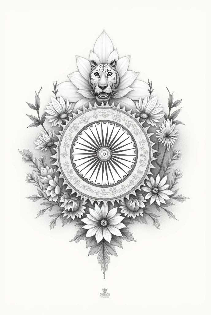 Generate the image of Ashoka chakra on top of it surrounds by Lotus, peacock, tiger  in simple drawing pencil sketch , and other various moments famous in india 