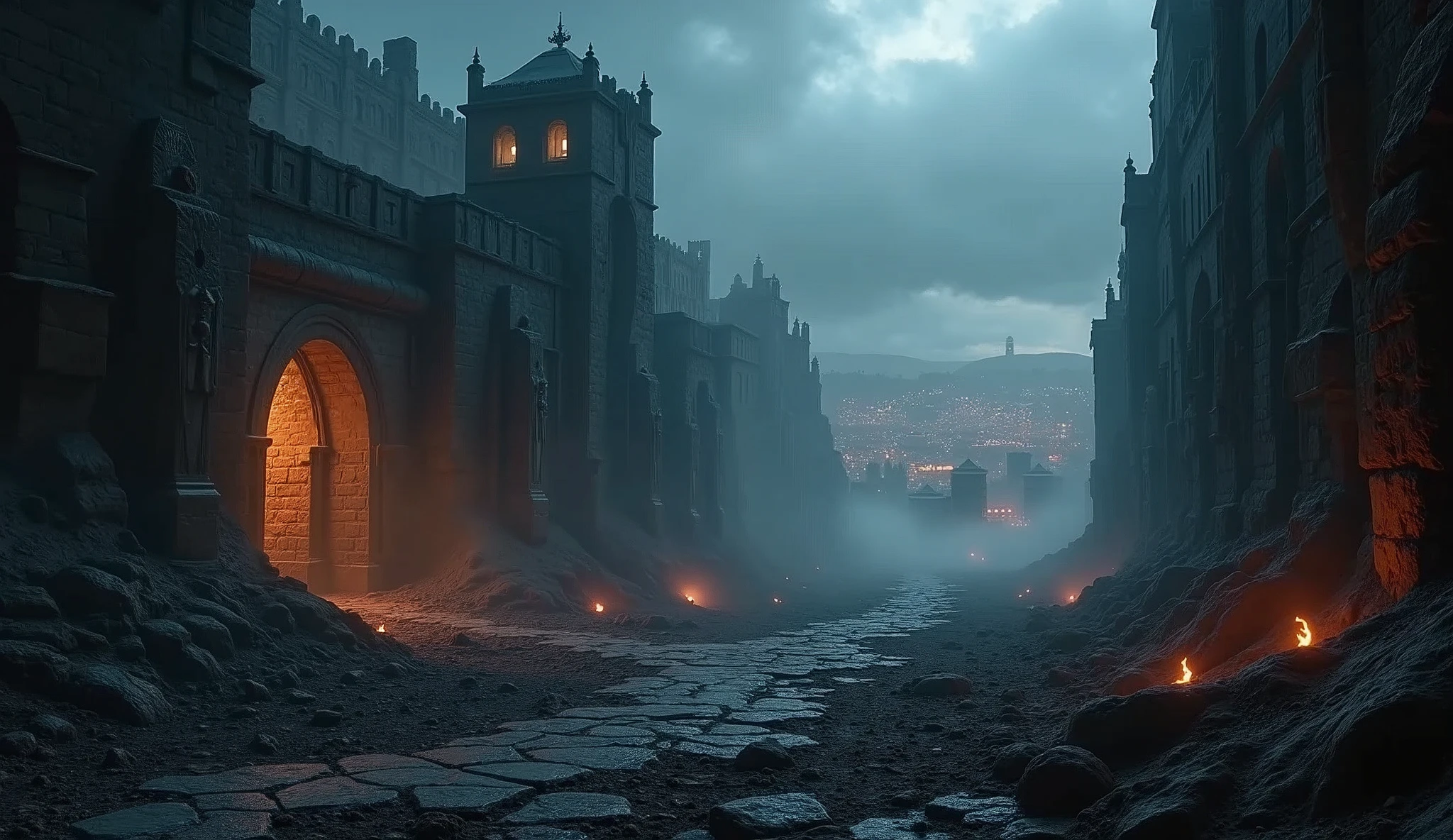 masterpiece:1.2), (best quality:1.2), 8K, HDR, Extremely detailed, ((Reality)), Professional lighting, Movie Lighting, fashion photography, Ambient Lighting, background, Dark medieval dungeon, Daytime, epiC Photos, Flame Surround, City,Broken earth,Ballistic Light,smoke,很有冲击感的background