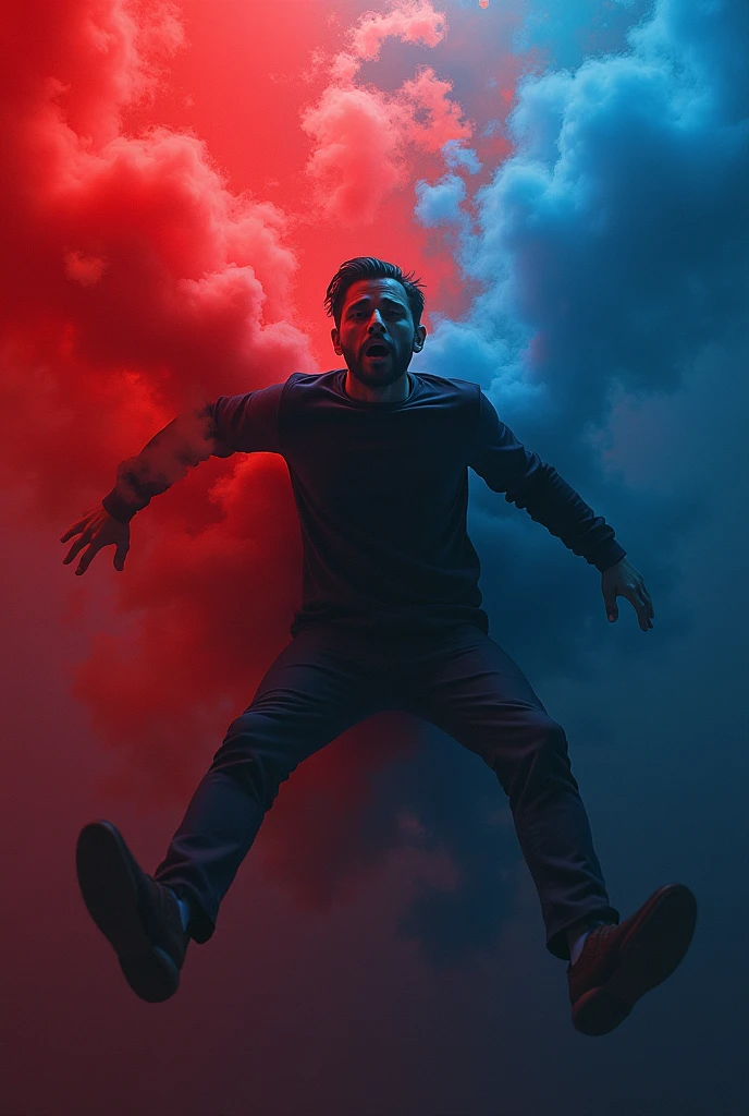 A man and red and deep blue colour are falling to his face 