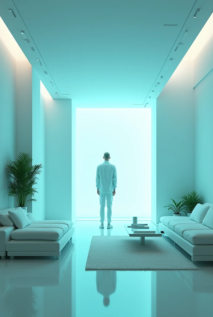 A futuristic and clean room with a focus on blue, white and green