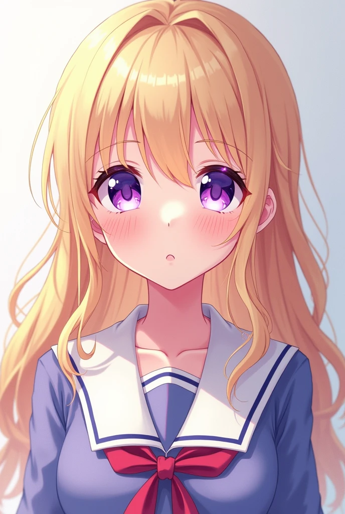 Create a Moe style anime character where she should have light blonde hair, violet eyes and white skin and that she is still in high school 