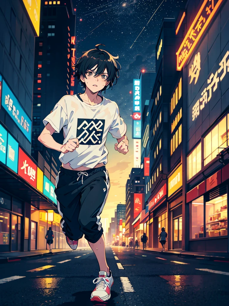 male protagonist running, short, disheveled black hair, sweating, Youthful appearance, Modern clothing, in the background a city and lights, anime style, masterpiece, bright Eyes, Thin waist, wearing sneakers, looking at the viewer 