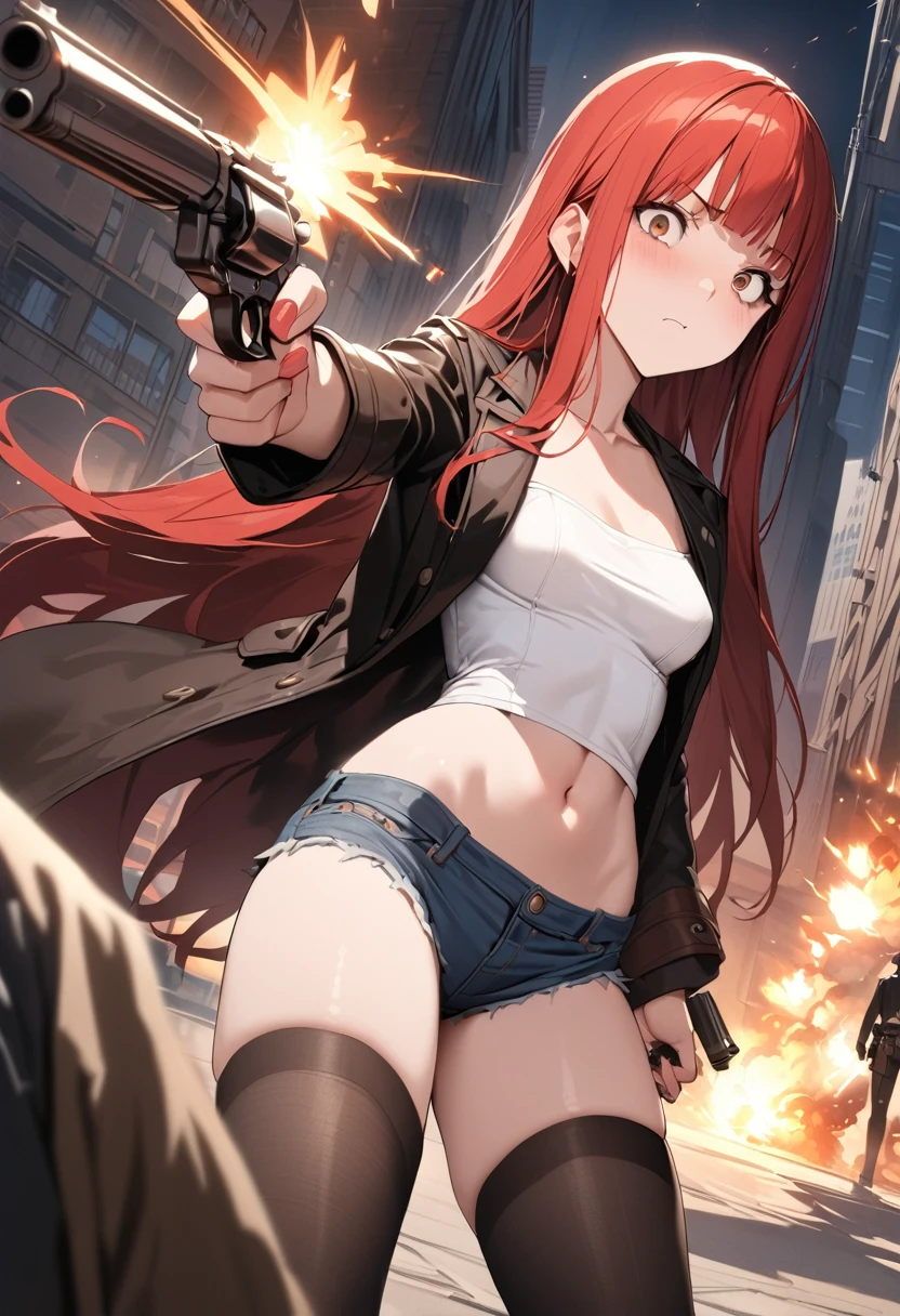 Gun action scene、A woman confronting a villain、((masterpiece,best quality anime,Highest quality:1.3)),realistic,cowboy shot,(25 year old beauty), gunslinger ,1woman,独奏,((very small head:1.4)),((very long body:1.3)),red hair,bangs,straight long hair,gorgeous big eyes,brown eyes,Serious expression、(Black long coat),Wearing a white tube top shirt under the coat,navel、(denim micro shorts、black_thighhighs),((slender body:1.3,skinny)),small breasts,(Shoot a gun:1.3,Firing stance),gleaming skin,shiny skin,Holding a gun in hand,revolver、Western cityscape、The World of Westerns、