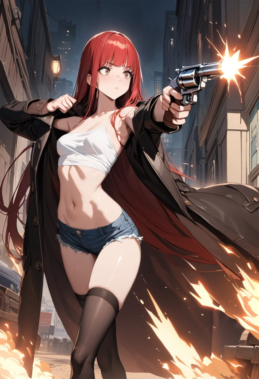 Gun action scene、A woman confronting a villain、((masterpiece,best quality anime,Highest quality:1.3)),realistic,cowboy shot,(25 year old beauty), gunslinger ,1woman,独奏,((very small head:1.4)),((very long body:1.3)),red hair,bangs,straight long hair,gorgeous big eyes,brown eyes,Serious expression、(Black long coat),Wearing a white tube top shirt under the coat,navel、(denim micro shorts、black_thighhighs),((slender body:1.3,skinny)),small breasts,(Shoot a gun:1.3,Firing stance),gleaming skin,shiny skin,Holding a gun in hand,revolver、Western cityscape、The World of Westerns、