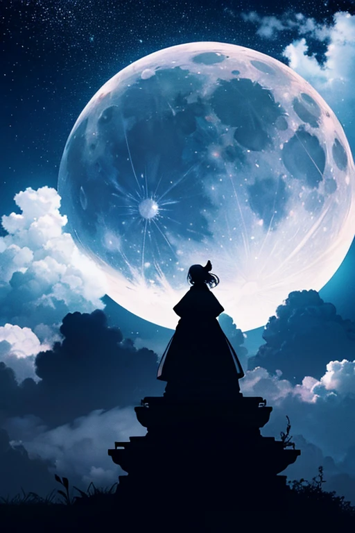 Highest quality,Big moon and shadow,A silhouette of a person can be seen against the backdrop of a large moon.,There is one full moon,There is a mood,Beautiful scenery,Starry Sky
