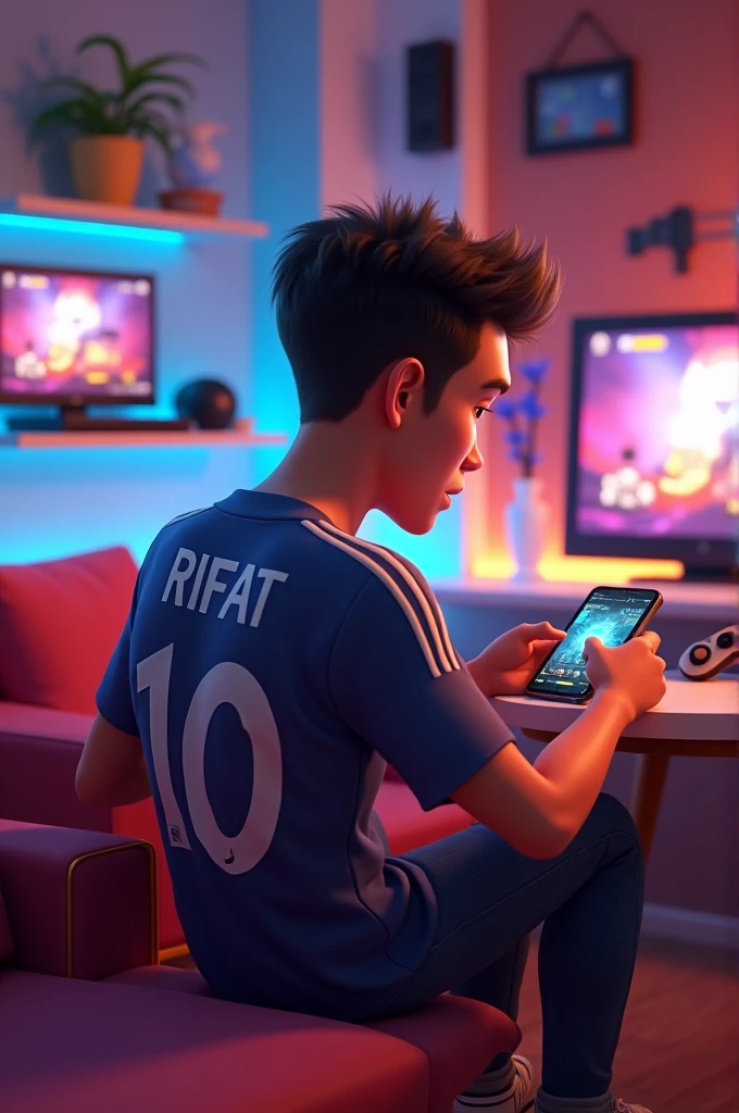 create 3D animation character 25 Year oid bay is playing puba Mobile Game Mobile in gaming room. wearing a Jersey number 10 Name "RIFAT" written on his jersey