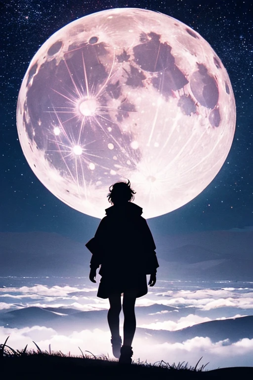 Highest quality,Big moon and shadow,A silhouette of a person can be seen against the backdrop of a large moon.,There is one full moon,There is a mood,Beautiful scenery,Starry Sky