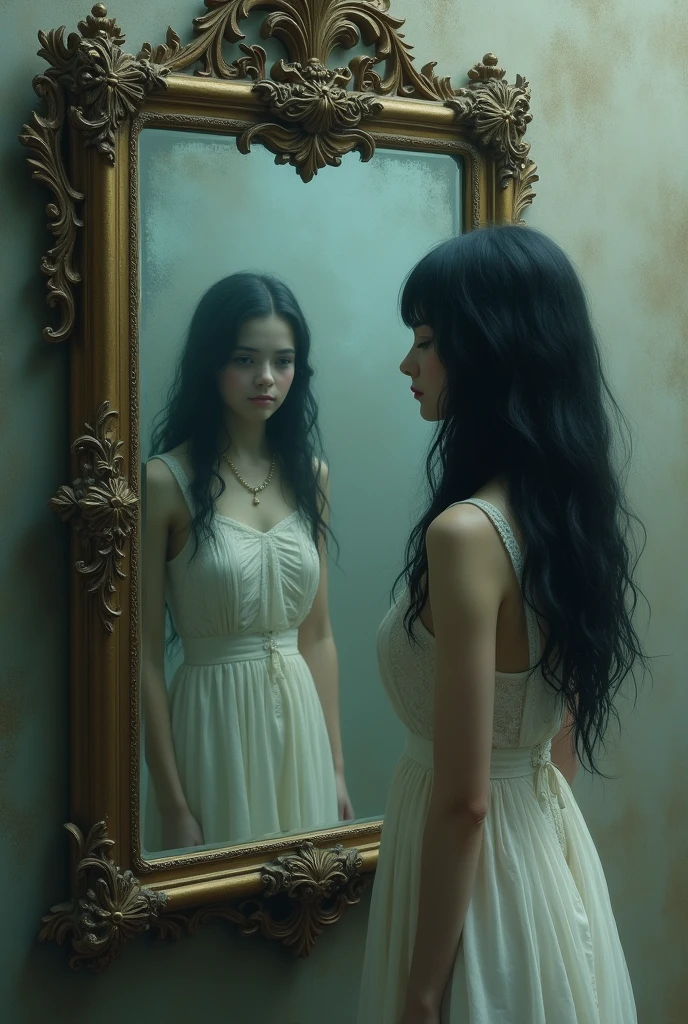 The girl is not in this world, the girl is taking a selfie in the mirror not see har face