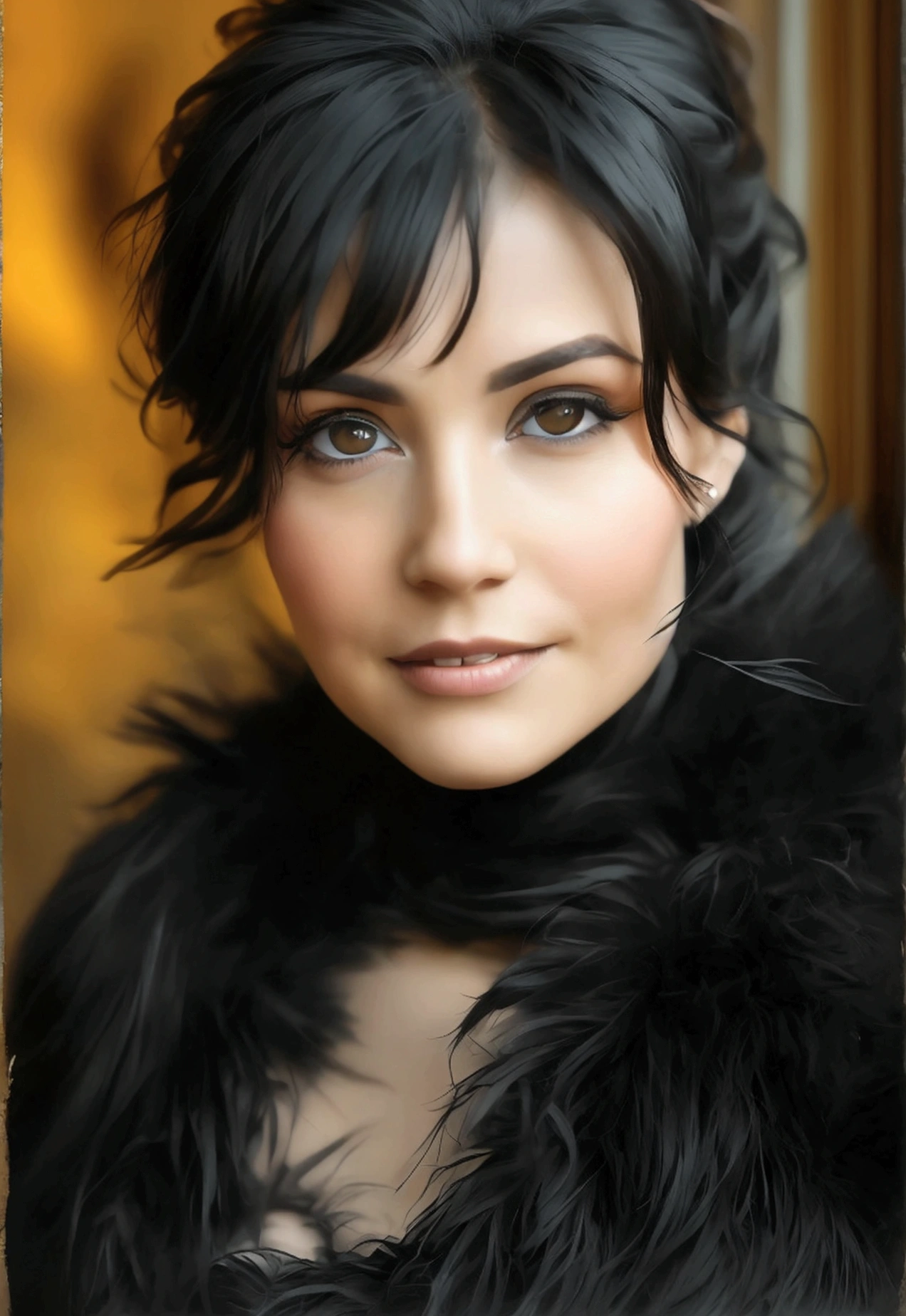 30 year old lady, Shot in the chest, black eyes, black fur, warm background, affected smile