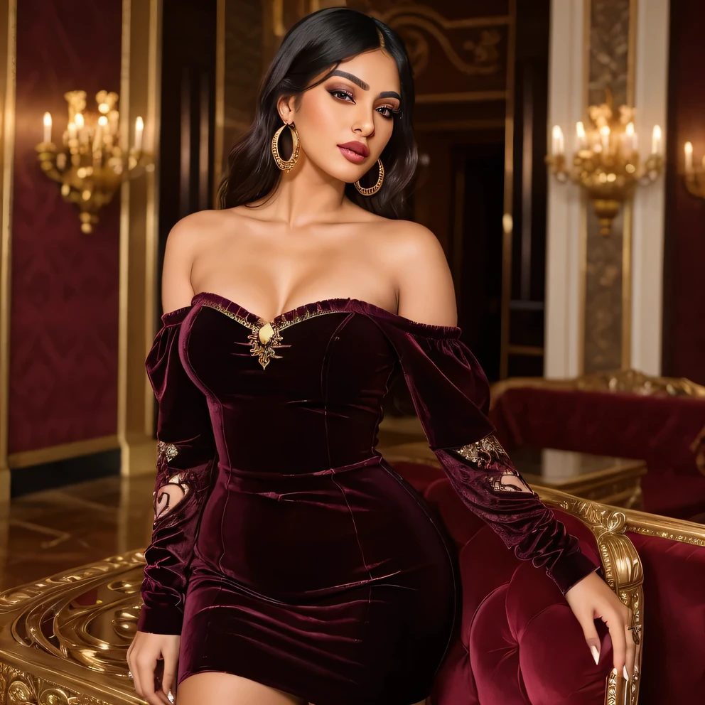 "Create an ultra-realistic image of a modern, attractive female influencer of Indian descent, aged between 27 to 30. She should have a warm and inviting smile, expressive almond-shaped eyes with a slight shimmer, and clear, glowing skin with a medium brown complexion. Her features should be well-defined, with high cheekbones and a sharp jawline. Her hair is long, thick, and styled in soft waves pinned to one side, colored in a deep, reddish-purple hue that’s bold yet sophisticated. She has a slender yet athletic build, with a noticeably larger chest featuring gigantic, plump breasts (plump: 1.3), reflecting a glamorous and voluptuous figure.
She is wearing a stunning burgundy velvet off-the-shoulder dress with heavy embroidery and a fitted silhouette, designed to make a powerful impression. The off-the-shoulder sleeves and rich velvet material add to the dress’s dramatic and luxurious appeal. Her look is complemented by subtle yet chic jewelry, including small hoop earrings and a few thin bangles.
The background is a grand opera house with ornate architecture and plush seating, enhancing the dramatic and opulent feel of the scene. The overall appearance of the image should capture the essence of a contemporary Indian fashion influencer who exudes confidence, sophistication, and a sense of regal elegance."