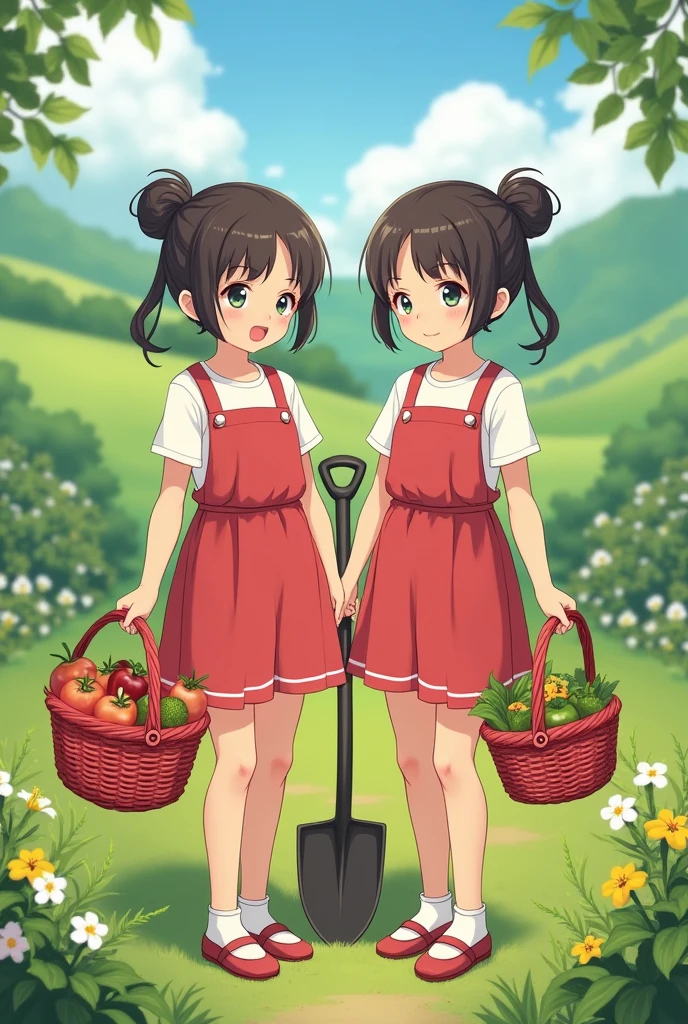 Twin girls with shovel and red basket