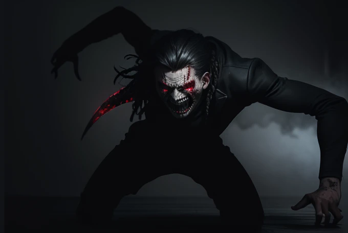 (raw photo, best quality) , (Realistic, photo-realistic: 1.3), Extremely formidable, overall plan, masterpiece, ultra-detailed, high resolution, Best illustration, best shadow, complex, depth of field, horror, scary, frightening, terrifying, only, man 1man(Male), athletic, dirty hair, dreadlocks (scary eye), bad eyes crazy, sadistic smile of crazy monster with sharp teeth, chin stretched out, percings, Look at the viewer, black clothes, black jacket without sleeve, blood, sangy, expression crazy, Sharpness, volumetric fog, 8k uh, DSLR, High quality, (film grain: 1.4), Fujifilm XT3, darkness, night