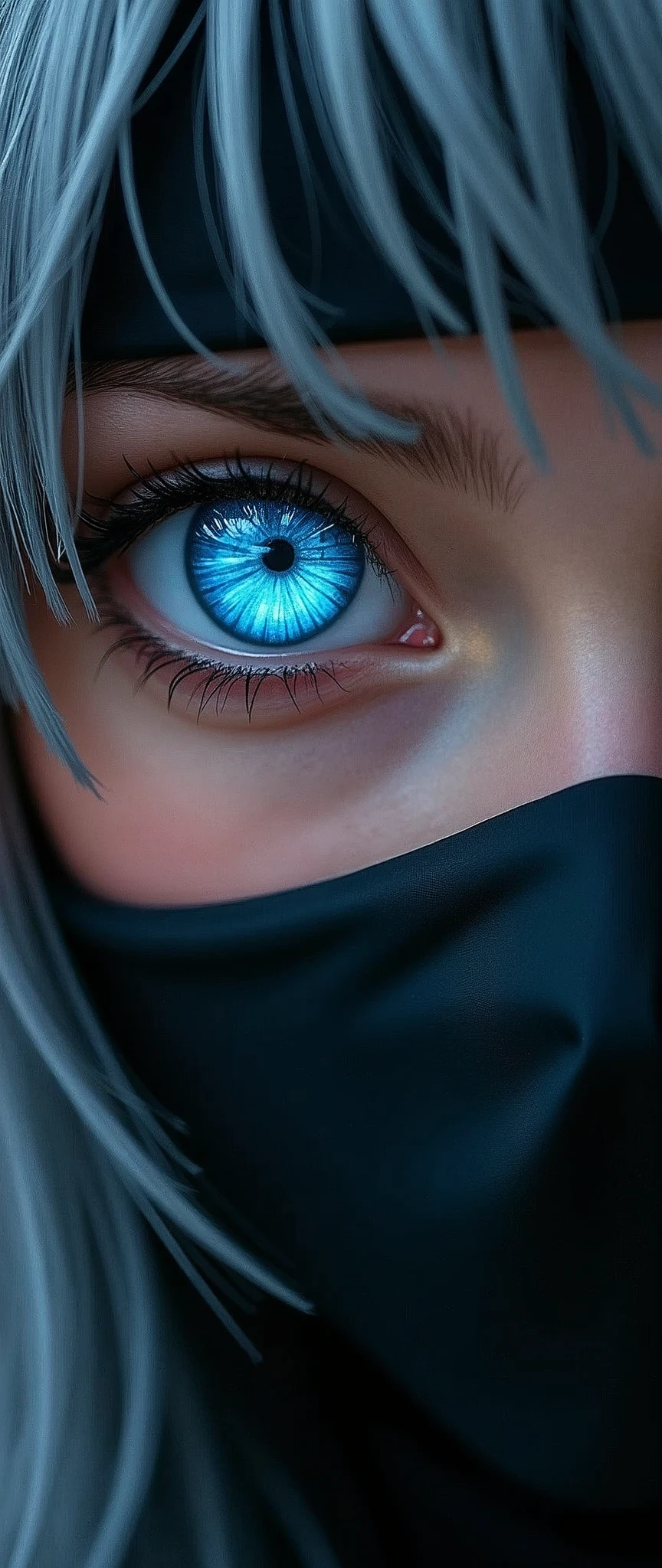 (masterpiece:1.2),(Highest quality),(Very detailed),(Ultra-high resolution),(Photorealistic),8k,wallpaper,(1 girl),(Face close-up:1.6,Draw both eyes:2.0),(front:1.6),(Beautiful Female Ninja),(look at me),(Beautiful Face,Beautiful Eyes,Perfect Eyes),(Beautiful glowing eye effects:1.3,A beautiful geometric pattern, like a kaleidoscope, is reflected in the woman's right eye.:1.3,,Detailed drawing of the eyes:1.2),(Black Costume,Silver Hair),(The female ninja uses genjutsu.),(dynamic)