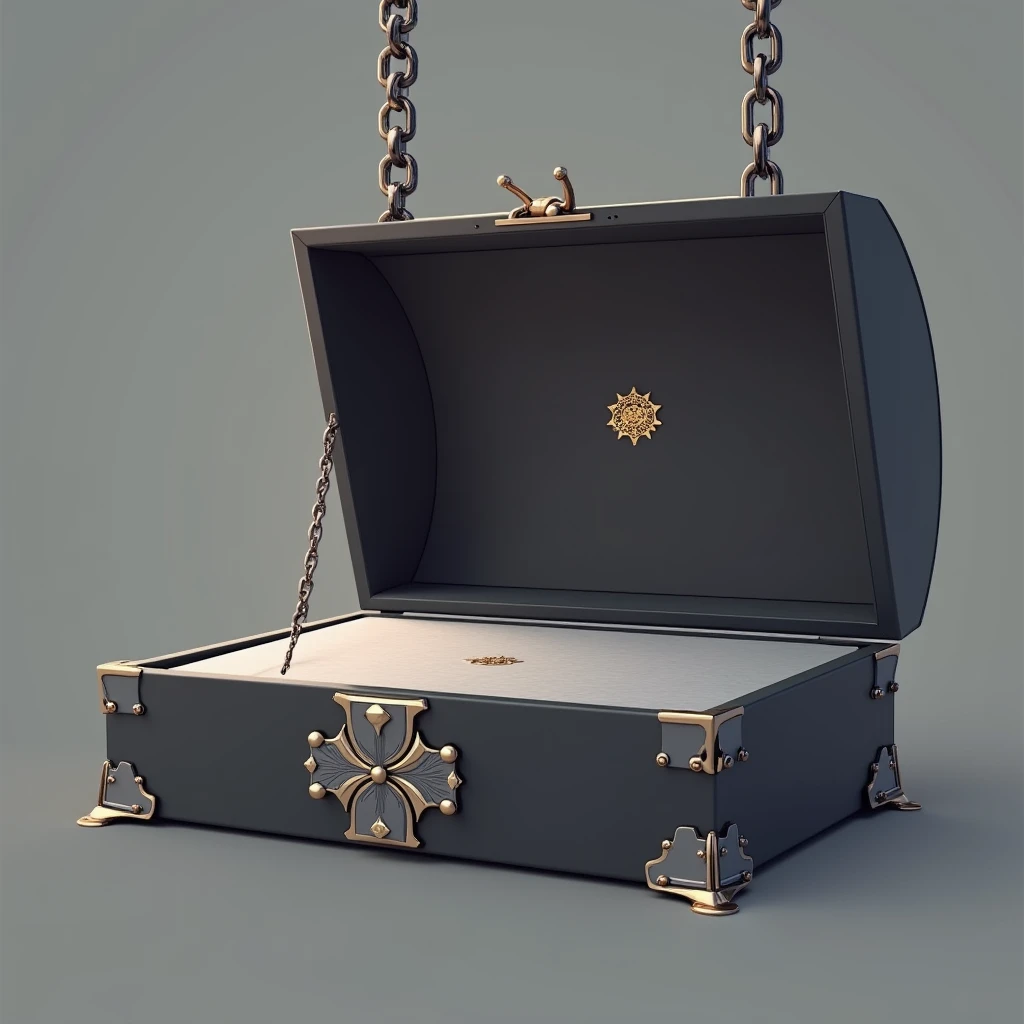Luxury details,Black box half open,Metal brushed texture is faintly visible,Graffiti art embellishes the space,The central golden logo shines,Edge inlaid with exquisite metal,Showing nobility in a low-key manner。Elegantly dangling from a metal chain,Add a touch of uninhibited style。Side view angle。