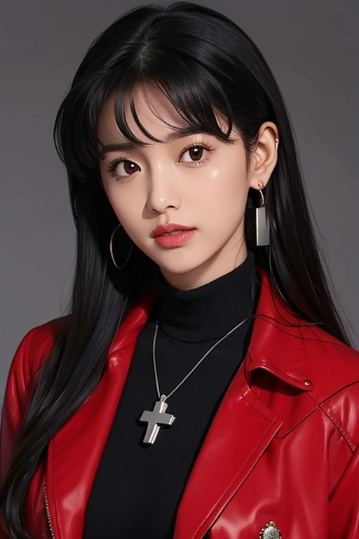 (masterpiece, best quality), 1girl, misato, black eyes, parted bangs, long hair, earrings, cross necklace, red jacket, long sleeves, black dress
