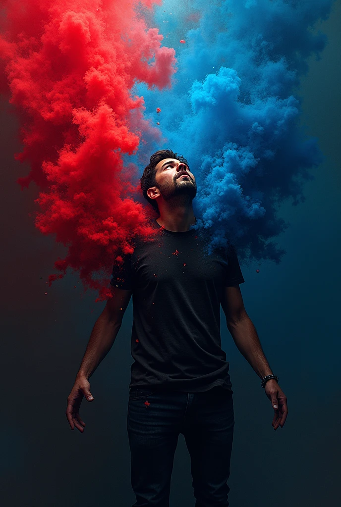 A man and red and deep blue colour are falling to his face drawing
