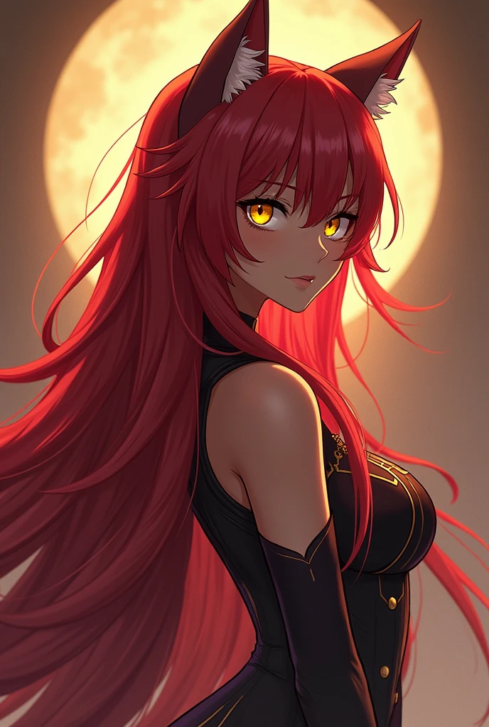 Adult woman, solo, catgirl, neko, fluffy cat ears, fluffy cat tail, red hair, very long hair, golden eyes, DARK skin, fantasy clothing, top quality, ultra definition, Illustration, high resolution, fantasy background