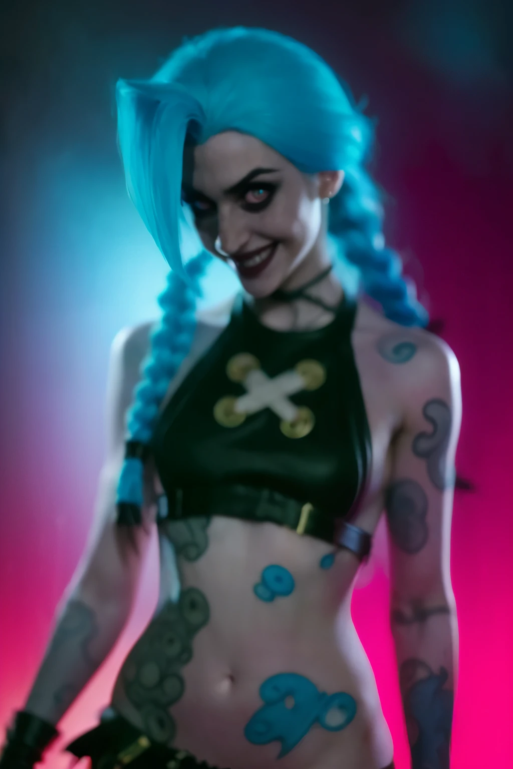 Hyper realistic super detailed Jinx cosplay ,(( Young girl, 15 years old)) , Very detailed, (hyper realistic: 1.4), ((in dynamic fight pose)) , ((angry face)) , twin braids, long hair, blue hair, red eyes, (((blue tattoo on arm))) , ((skinny body)) , (((psycho face, creppy smiling) )), arcane style. ((Grunge Neon grafitti background, cinematic lighting)).