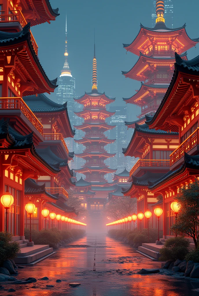 Japanese traditional architecture mixed with futuristic. Cyberpunk theme. Orange yellow, pink color pallete. Night. Lanterns. Camera angle tilted.