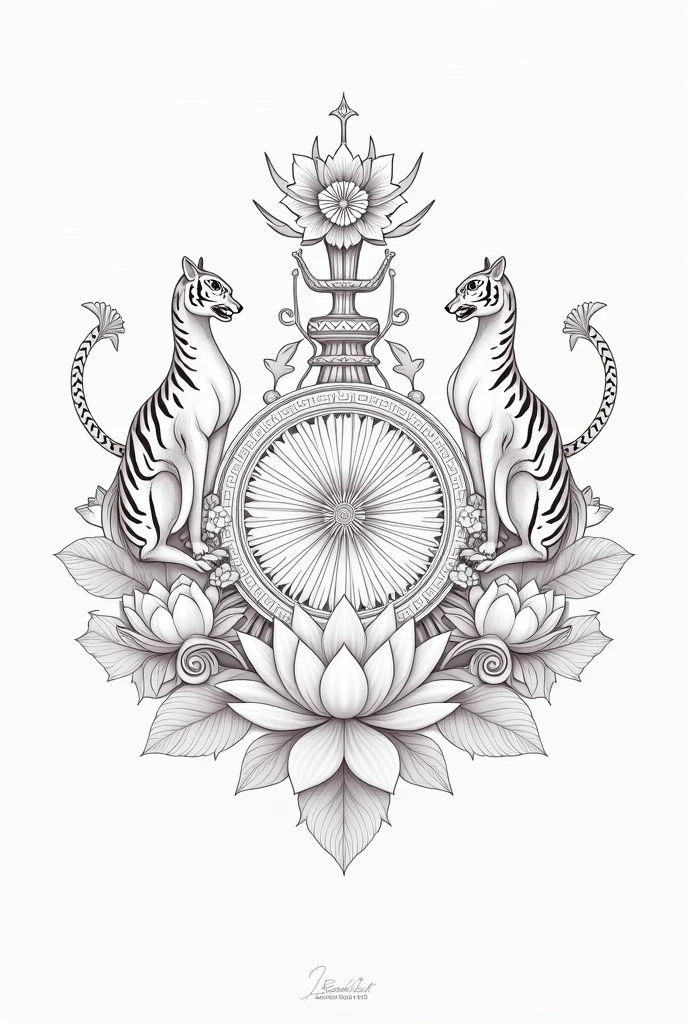 Generate the image of Ashoka chakra on top of it surrounds by Lotus, peacock, tiger in simple drawing pencil sketch , and other various moments famous in india include all that I mentioned in the diagram