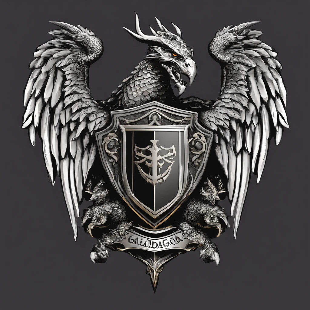 [Core Concept]
The rugged shield emblem and shield banner logo that reads "GALADAG SQUAD", showcase the dynamic interplay of sword, wings, dragon and eagle iconography.

[Character Description]
The central figure is a striking two-dimensional dragon with powerful wings and a fierce, commanding presence, symbolizing the strength and prowess of an army.

[Environment/Background]
The dragon is mounted on a highly detailed and ornate banner in a dark black and bright white color scheme, creating a sense of premium quality and elegance.

[Style and Atmosphere]
The overall design has a cinematic and dramatic quality, with sharp lines, symmetrical composition, and a striking sense of heraldic authority.

[Composition]
The shield banner is the main focus, featuring a clear and sharp design that includes the elegant and bold letters G and S within the shield

[Details and Embellishments]
Surrounding the shield are swords, wings, eagles, dynamic and bold accents, all rendered in a photorealistic two-dimensional style with dramatic shading and highly detailed textures.

[Technical Specifications]
This premium quality 2D logo design is intended to convey the power, prowess and elite status of SQUAD GALADAG through a cohesive and visually striking emblem.