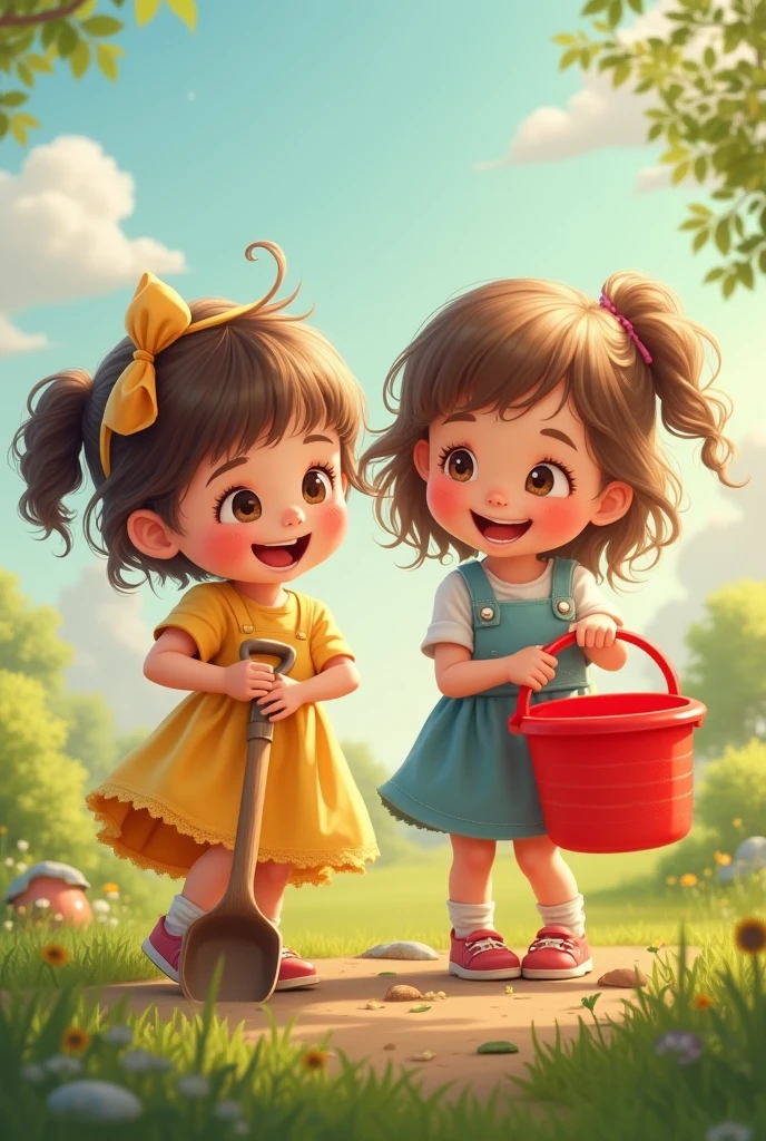 Toddlers Twin girls with shovel and red basket